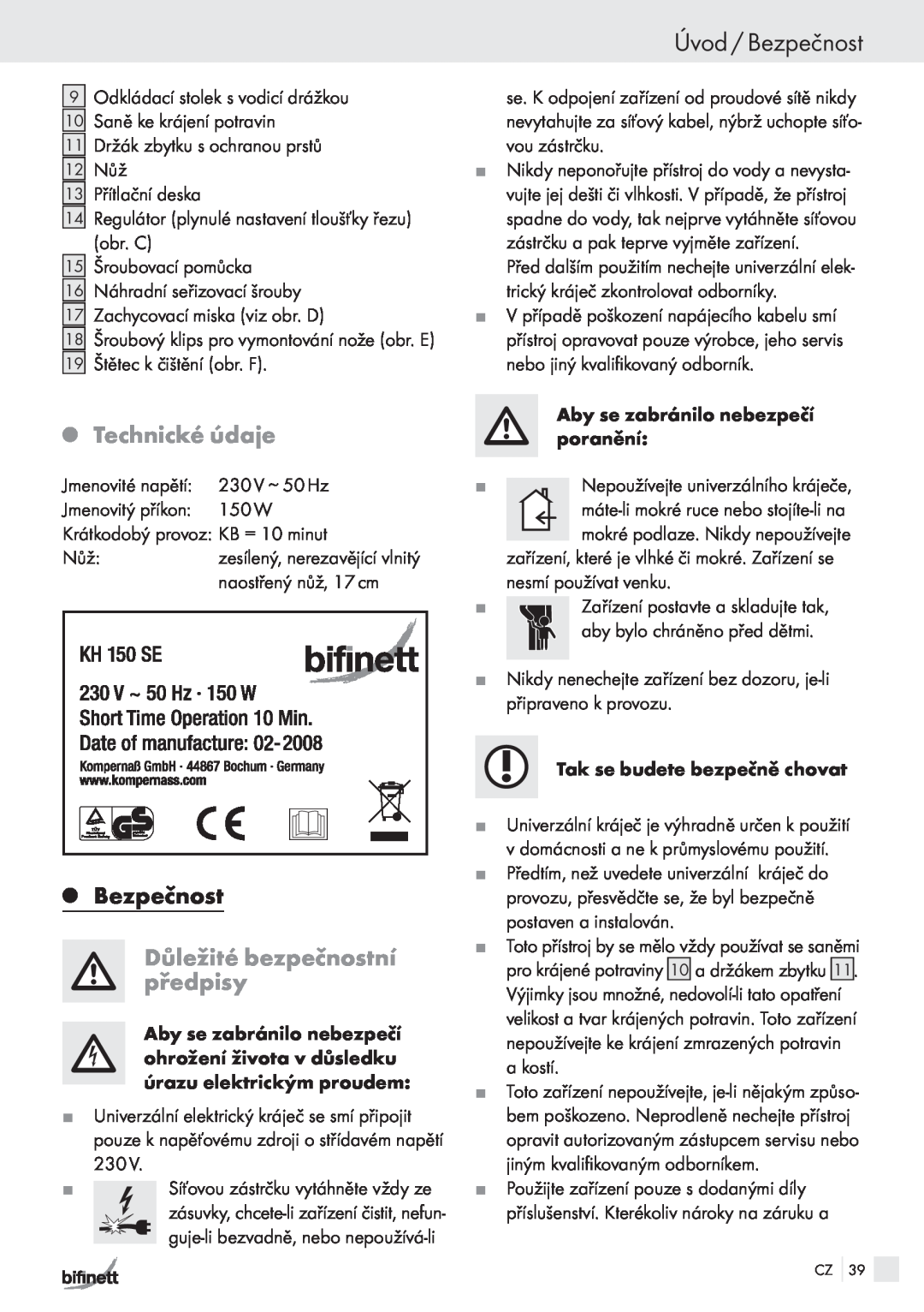 Bifinett KH 150 manual Úvod / Bezpečnost, QTechnické údaje, QBezpečnost, Důležité bezpečnostní předpisy 